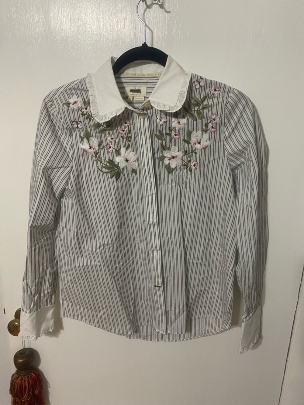 kate spade White Pinstripe Button-Down Shirt with Floral Embroidery